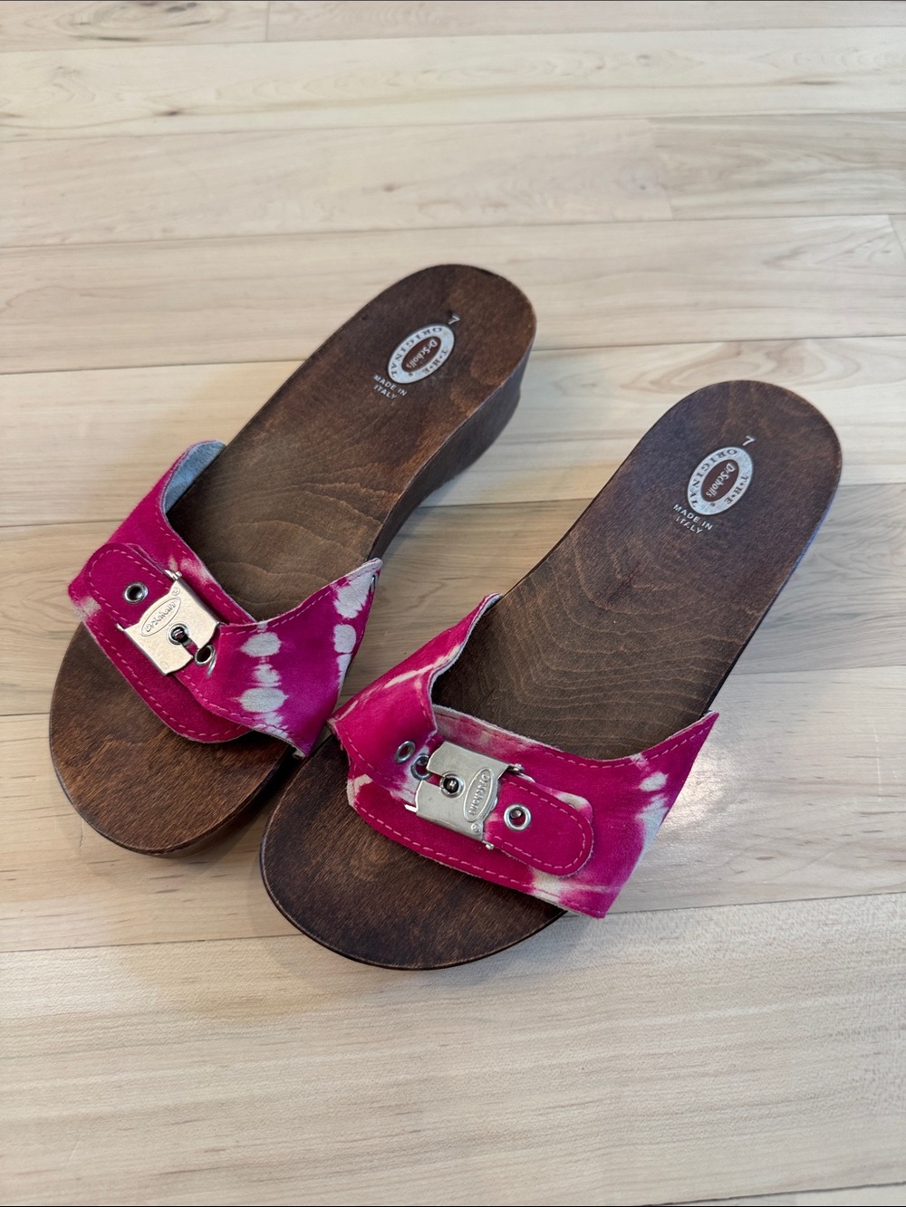 Vintage Dr. Scholl's pink Tie dye exercise sandals wooden base-Y2K-Size 7-Rare